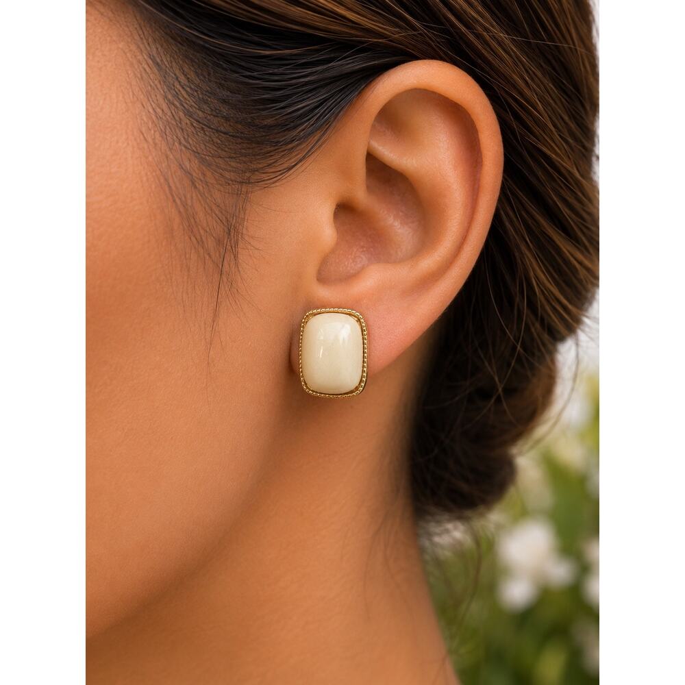 BOGO FREE Ivory Cabochon Post Earrings Cream Rectangle Statement Studs